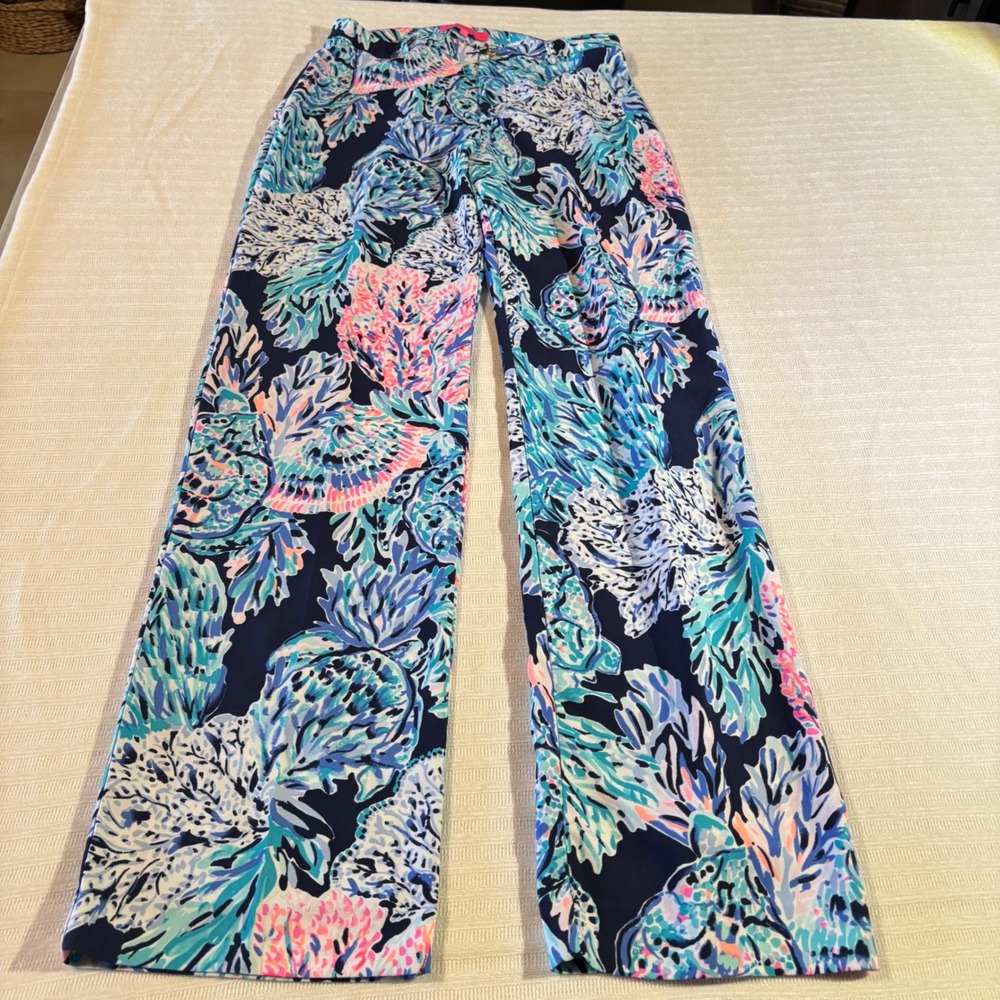 Lilly Pulitzer Sea You Again Turtle Coral Wide Leg Pants Blue Pink 004464 4